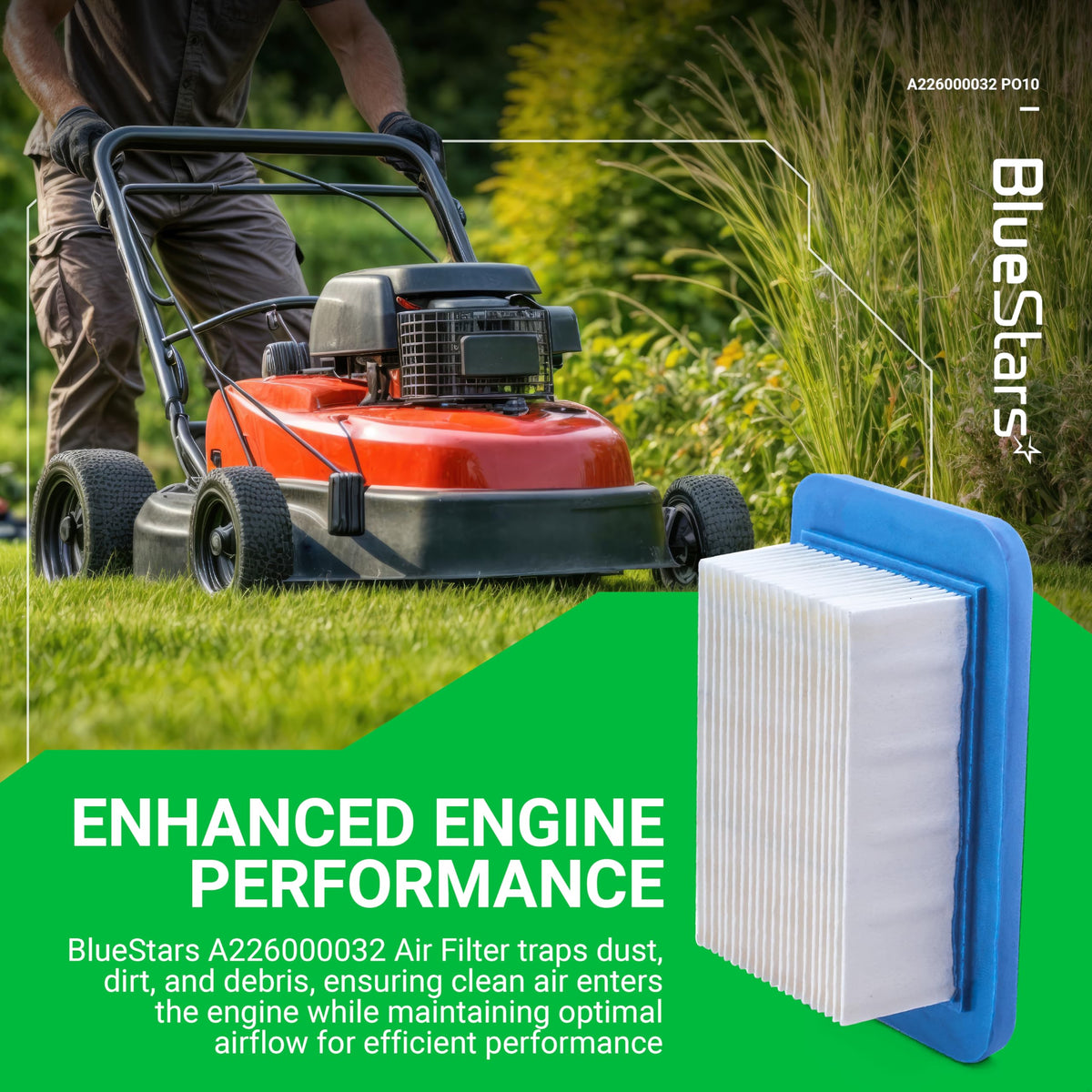 BlueStars A226000032 air filter side view showing packaging and fit