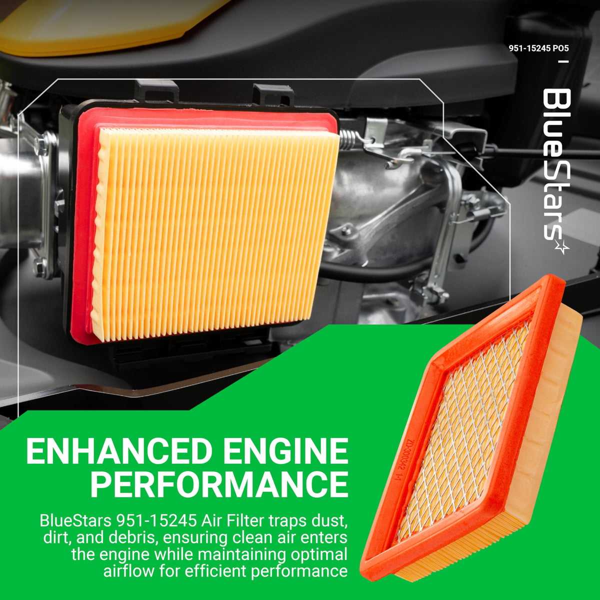 BlueStars air filter paper detail improves dust capture for cleaner engine operation.