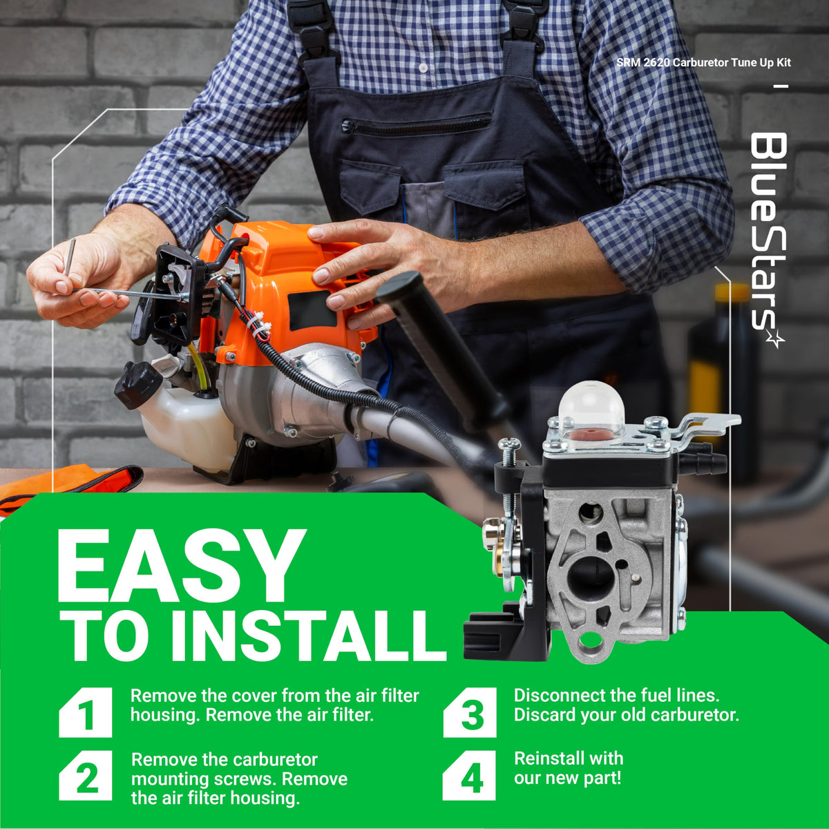 BlueStars aluminum alloy carburetor highlights lightweight durability and corrosion resistance.
