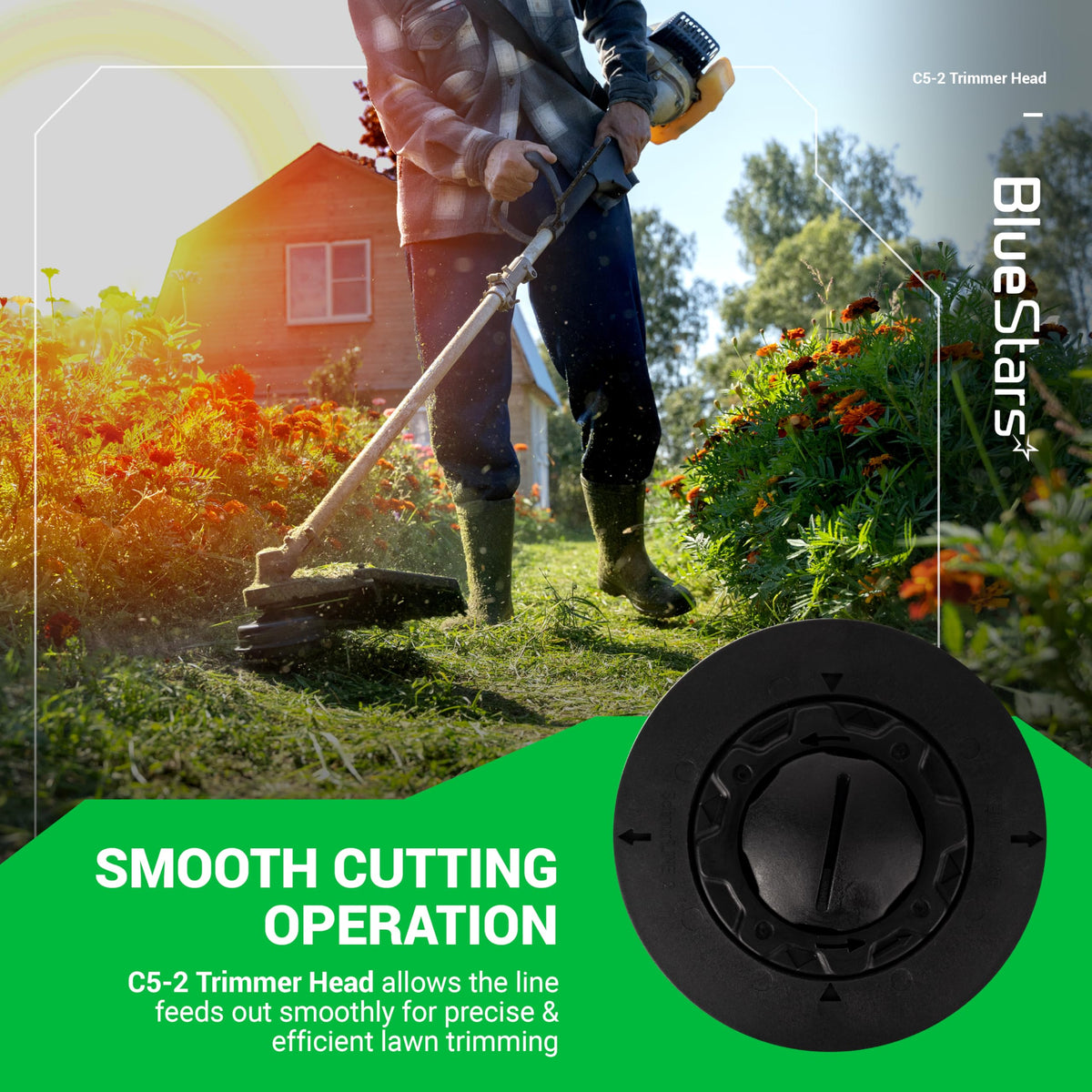 BlueStars C5-2 side view trimmer head highlights rugged exterior for field use