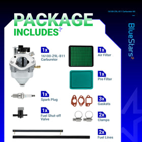 BlueStars carburetor kit contents laid out for easy installation