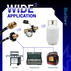 BlueStars adapter supports 5–100 lb tanks for old and new styles.