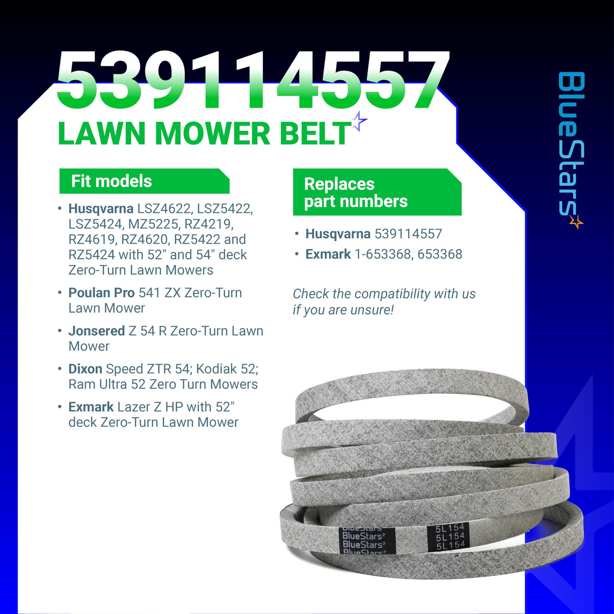 BlueStars belt compatibility with Exmark 1-653368 supports versatile deck use.