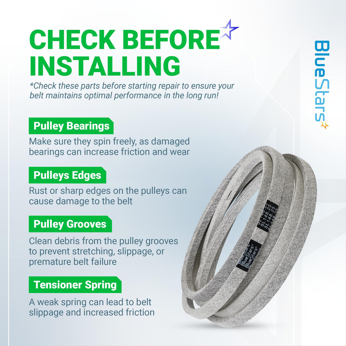 BlueStars belt design supports reduced slippage on mower pulleys