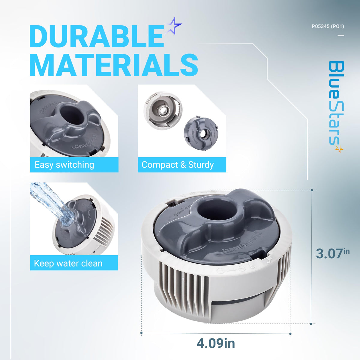 BlueStars dispenser body in rust-resistant plastic signaling longevity and durability.