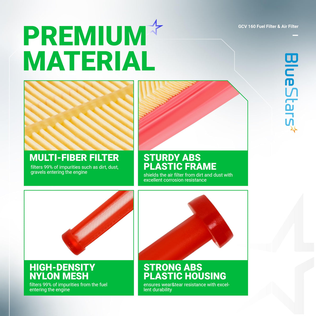 BlueStars engine fitment label demonstrates broad compatibility with Honda GC and GCV engines