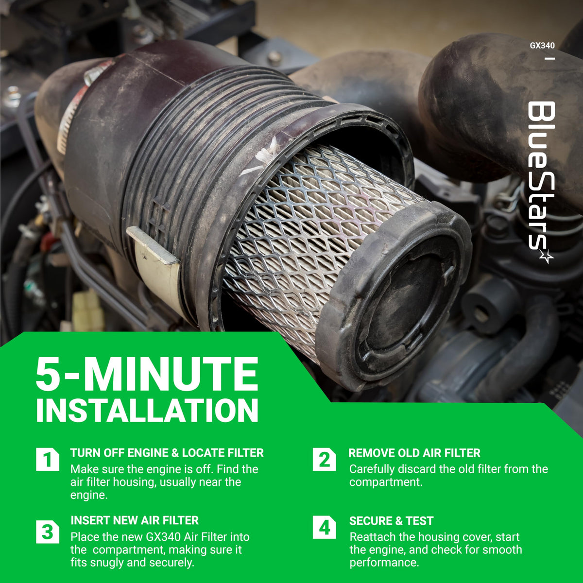 BlueStars air filter protecting engine from dirt and debris in demanding outdoor conditions