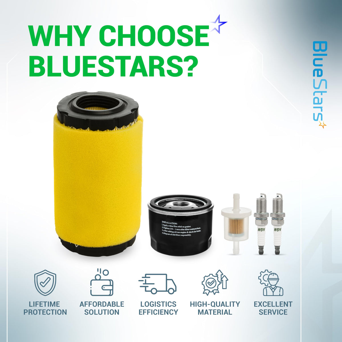 BlueStars engine protection from high-quality filtration for longer mower life.