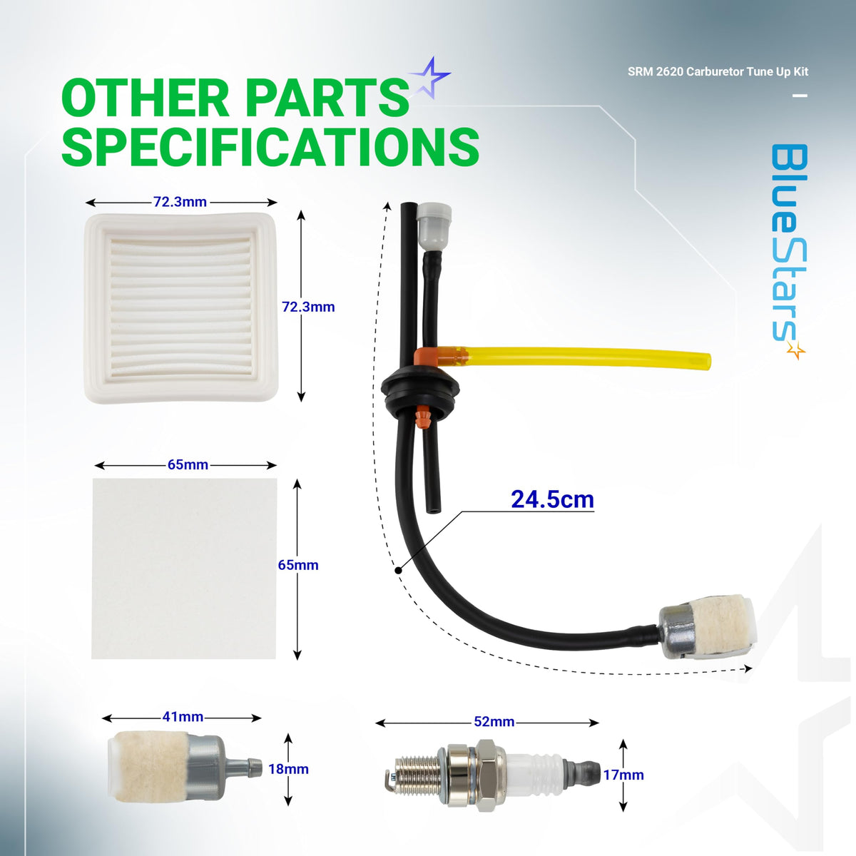 BlueStars fuel filter included to help clean fuel before combustion.