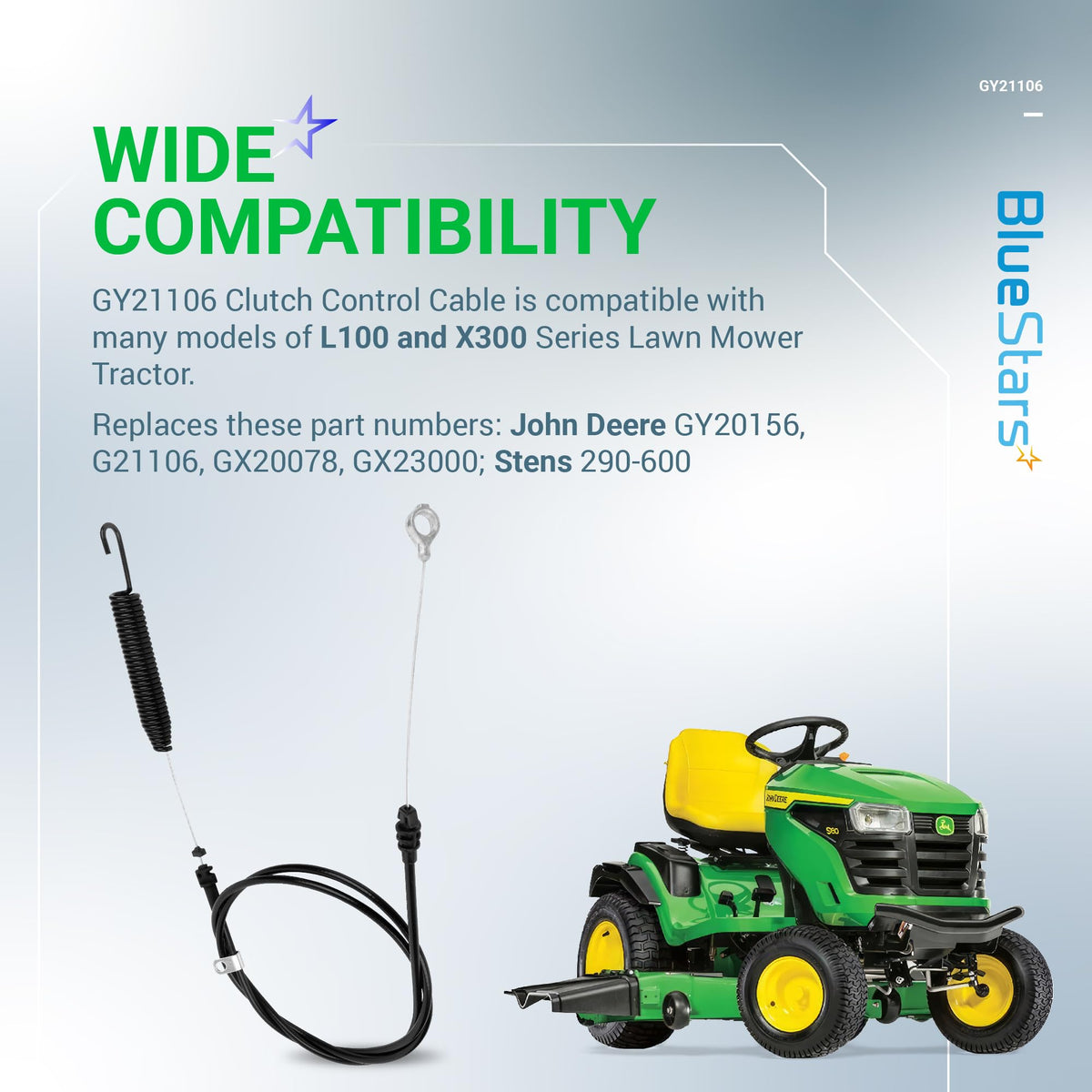 BlueStars compatibility guide shows John Deere tractors compatible with gy21106 and gy20156 cables