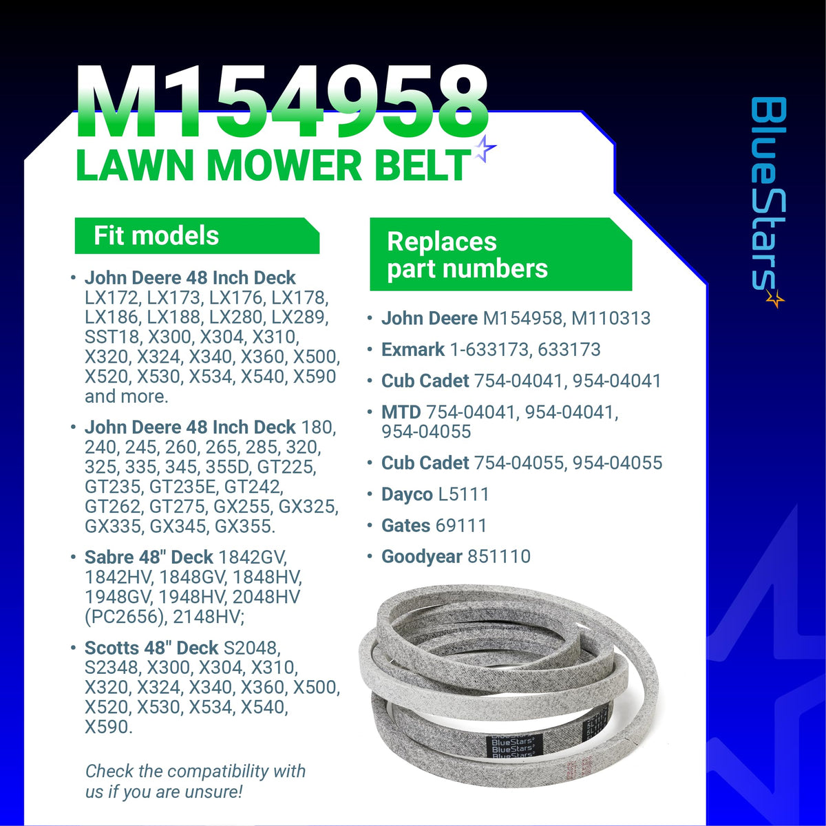 BlueStars M154958 heat-resistant belt ready for mowing conditions