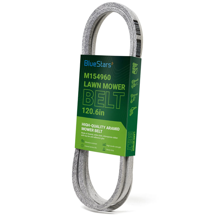 BlueStars M154960 deck belt mounted on a 54-inch mower deck showing durable construction