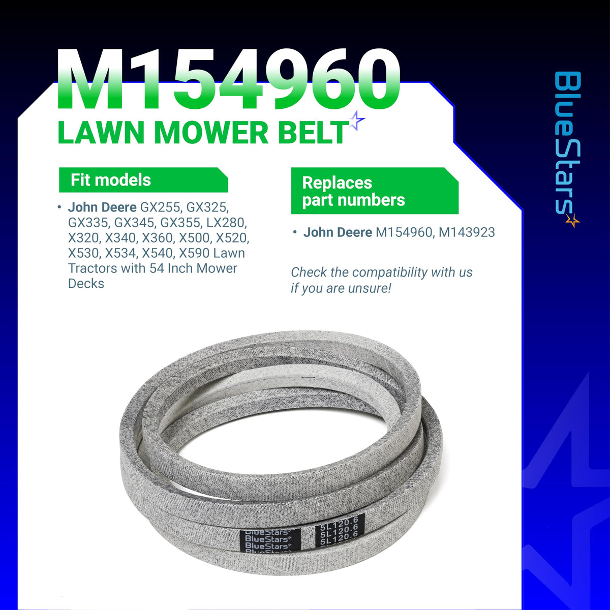 BlueStars M154960 belt with two-layer wrap secured on a mower pulley