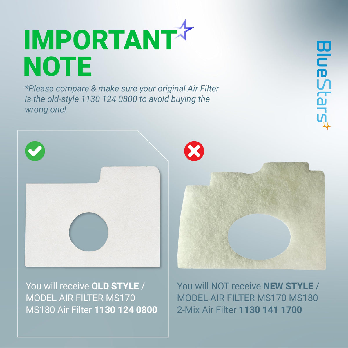BlueStars MS170/MS180 air filter close-up showing premium synthetic fiber filtration.