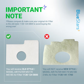 BlueStars MS170/MS180 air filter close-up showing premium synthetic fiber filtration.