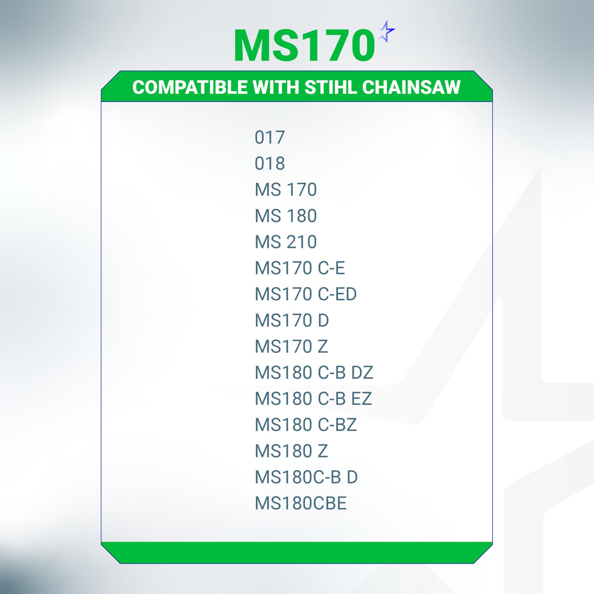 BlueStars compatibility graphic showing STIHL MS170/MS180 fit.