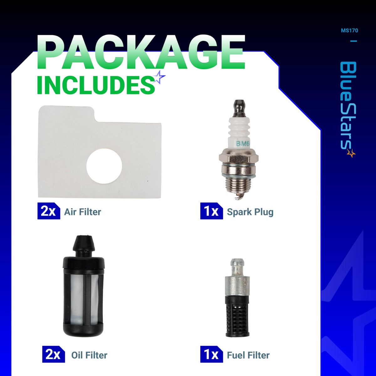 BlueStars spark plug included for reliable starting and smoother engine performance.
