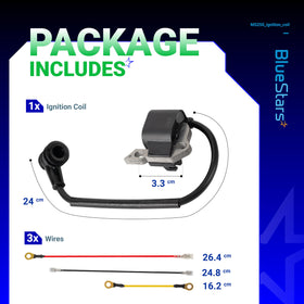BlueStars MS210 ignition coil for Stihl shown from the side, supports quick ignition