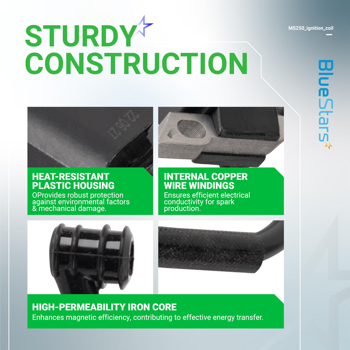 BlueStars MS230 ignition coil for Stihl from angled view, boosts electrical performance