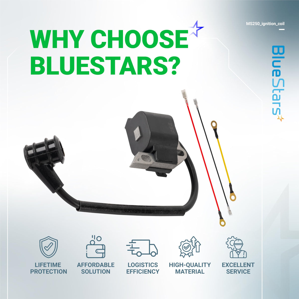 BlueStars MS250 coil close-up, internal wiring visible for easy inspection