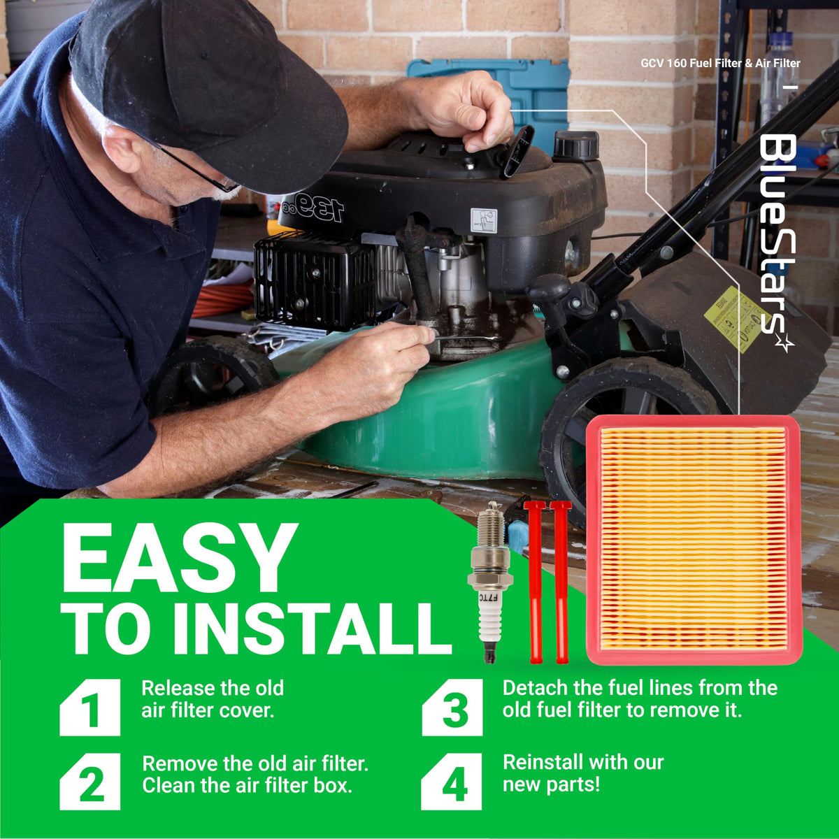 BlueStars multi-pack kit contents include air and two fuel filters plus spark plug