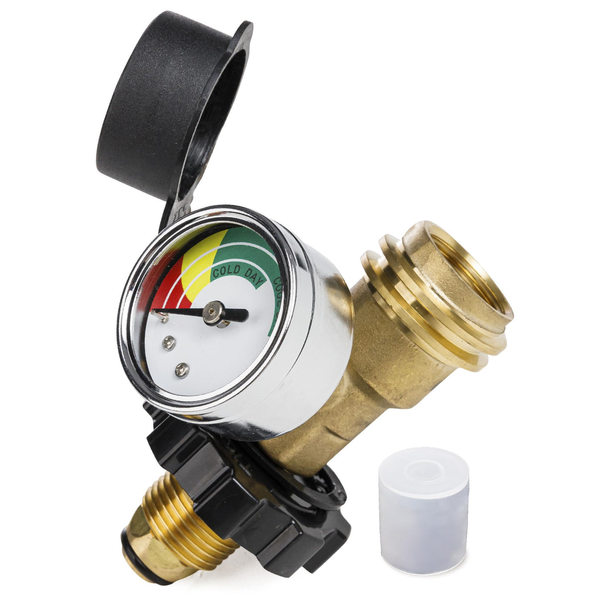 BlueStars POL to QCC1 brass adapter with gauge for versatile propane connections.