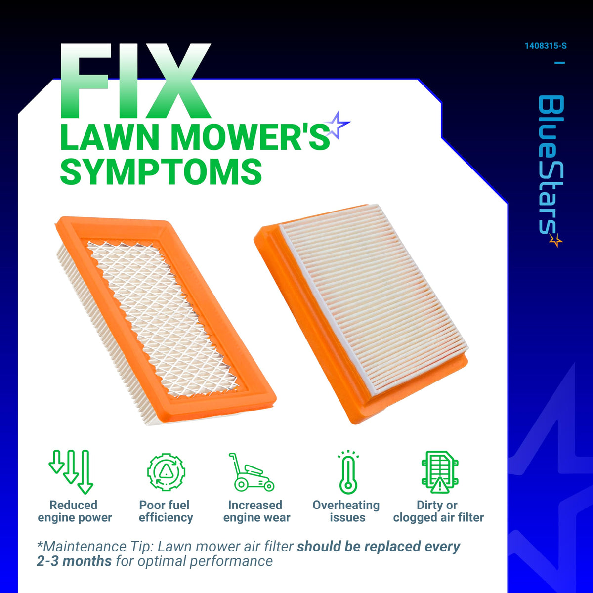 BlueStars lifetime-protected filter designed for compatibility across popular mowers.