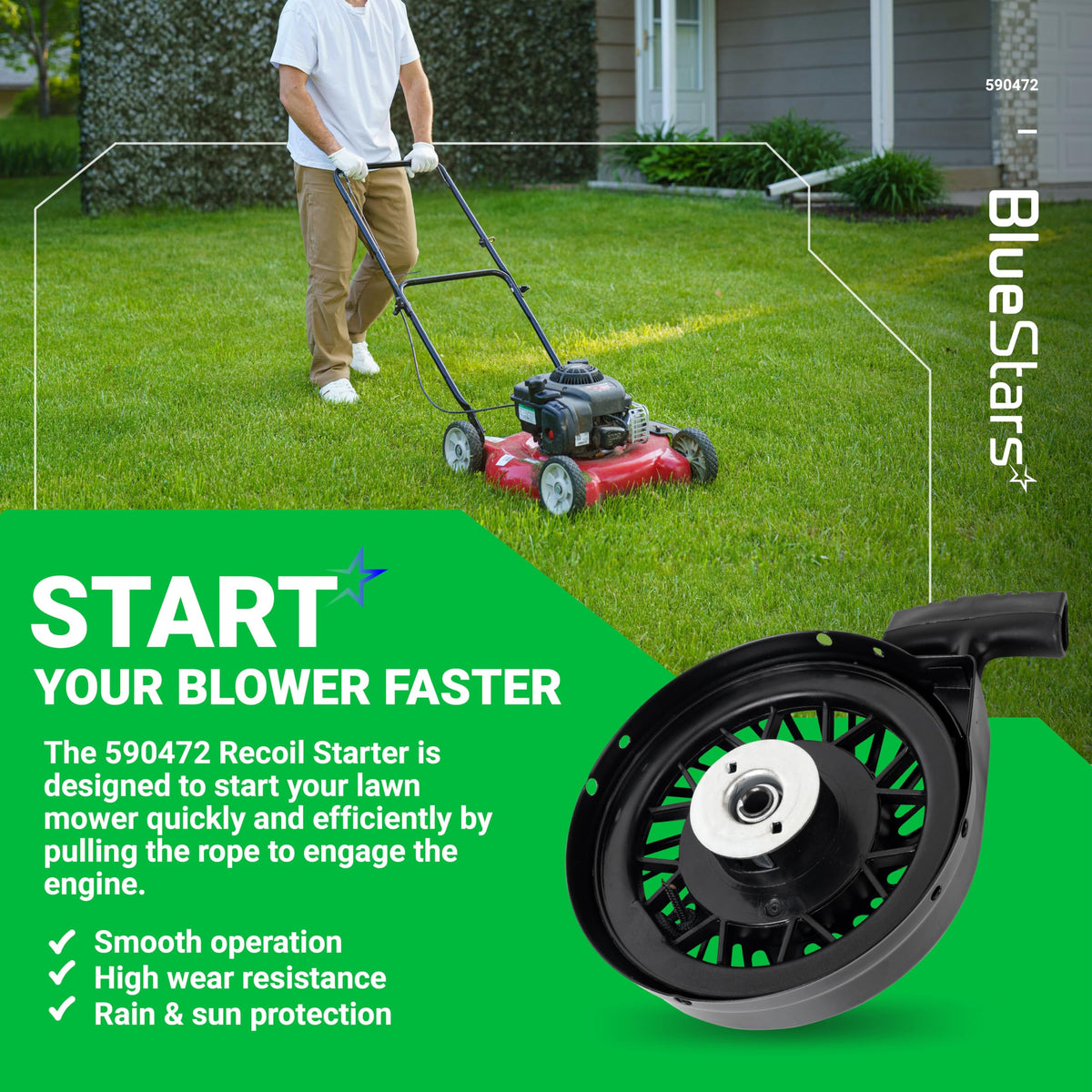 BlueStars recoil starter for Tecumseh 590785 helps easy starting for snow throwers.