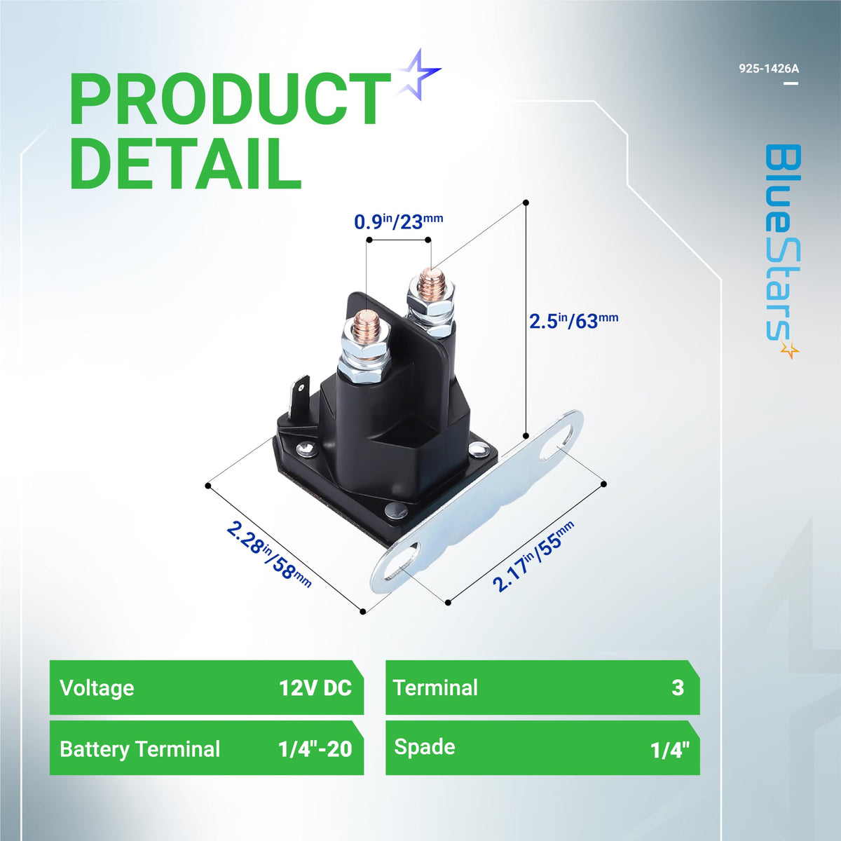 BlueStars solenoid side view for easy mower installation.