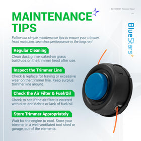 BlueStars trimmer head close-up highlights rugged metal and impact-resistant plastic