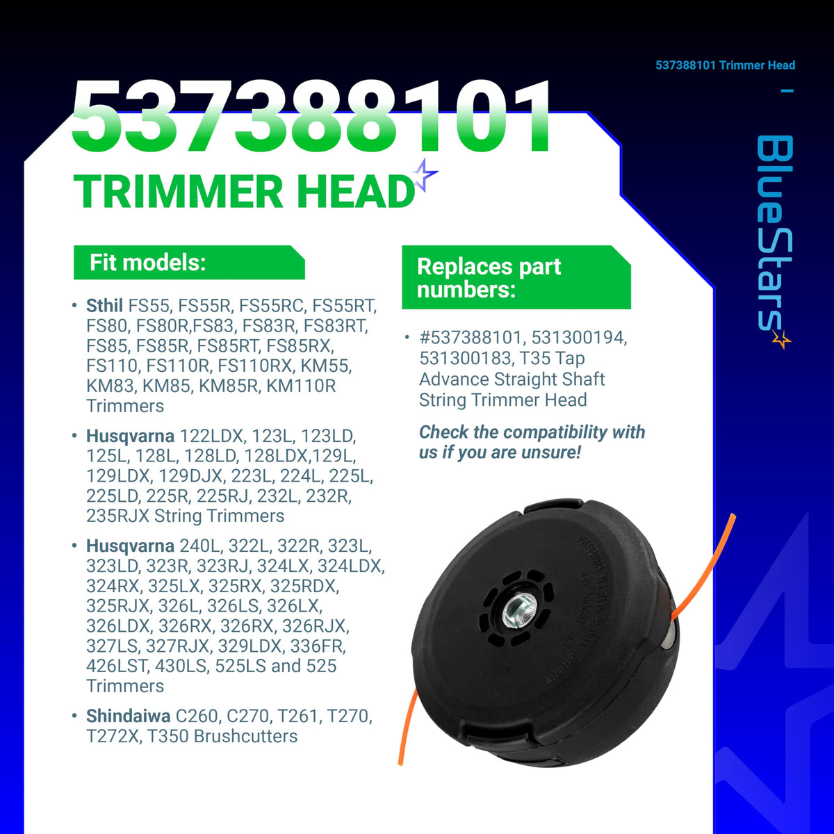 BlueStars T35 head mounted on Husqvarna models illustrating broad compatibility
