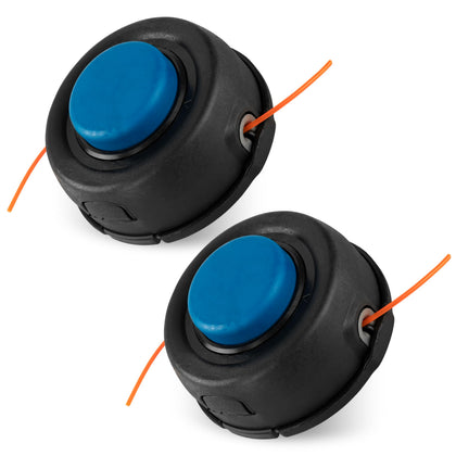 BlueStars T35 trimmer head two-pack close-up showing universal Husqvarna compatibility for quick replacement