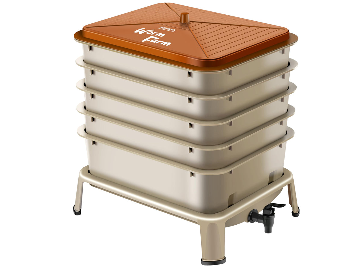 Blütezeit 5-tray worm compost bin, spigot closeup, reveals easy access for harvesting worm tea.