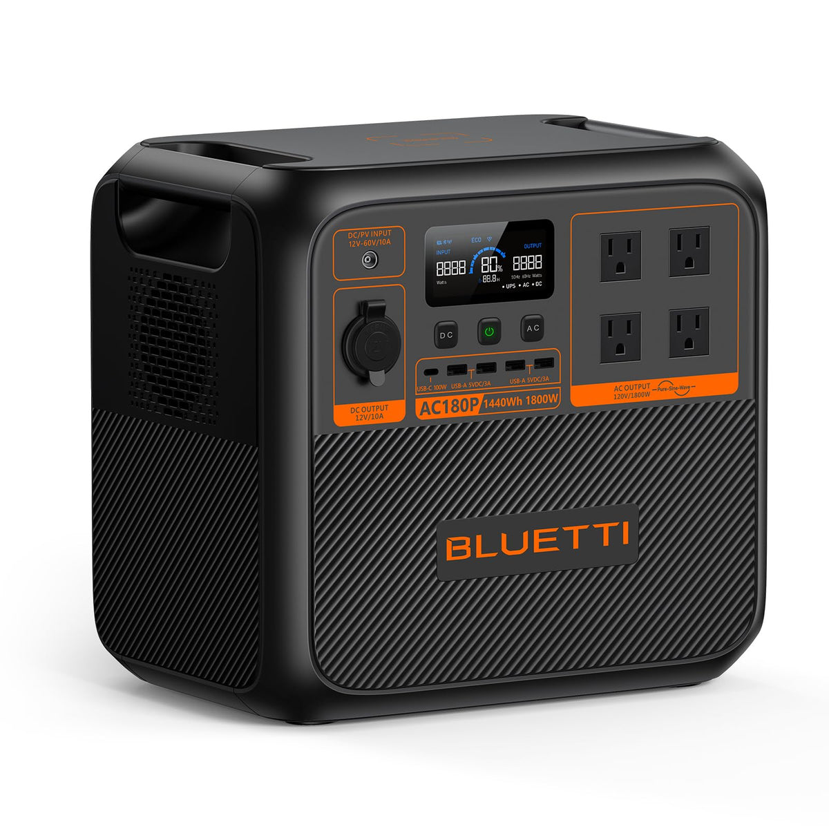 BLUETTI AC180P front display shows charge status for quick planning