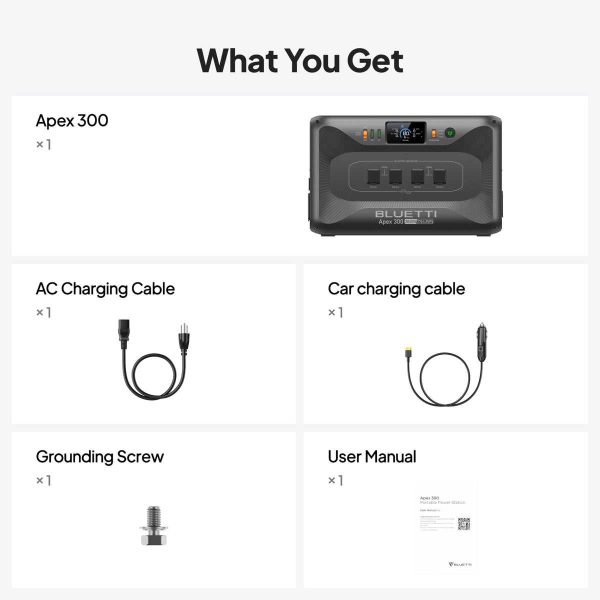 BLUETTI Apex 300 included accessories for quick setup