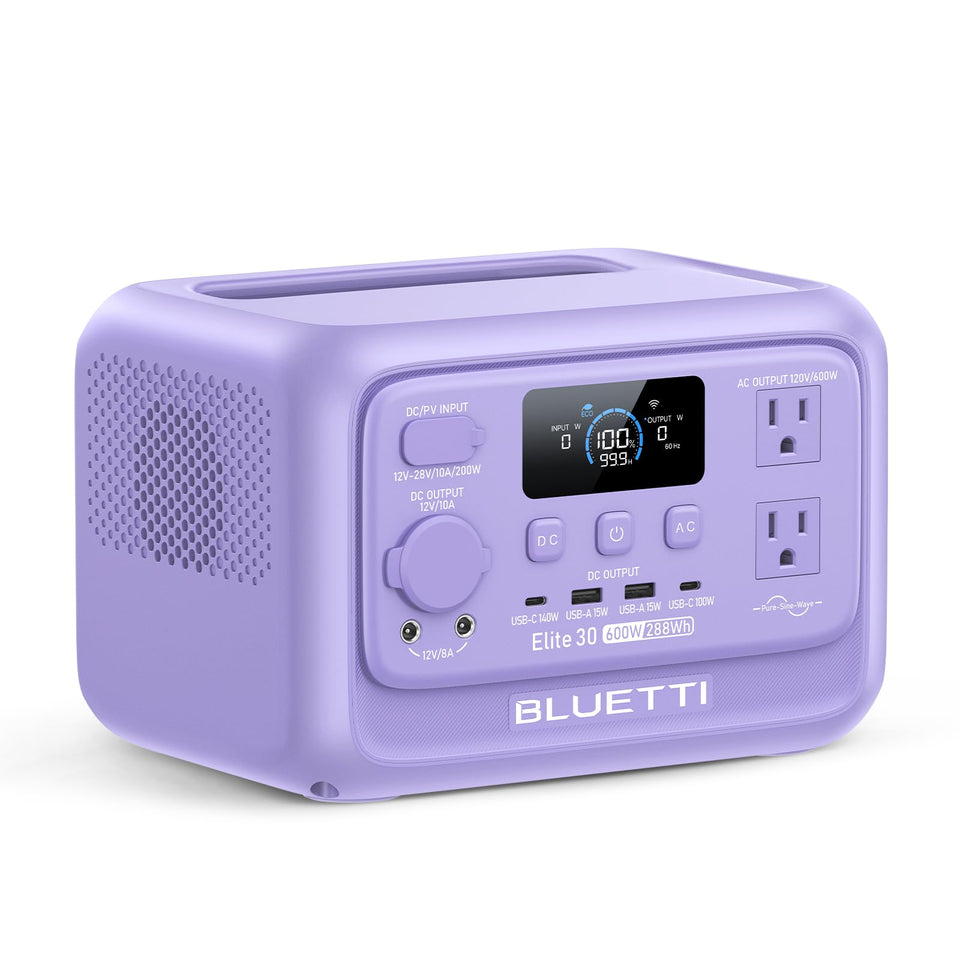 BLUETTI Elite 30 V2 portable power station on a camping table powering essentials outdoors