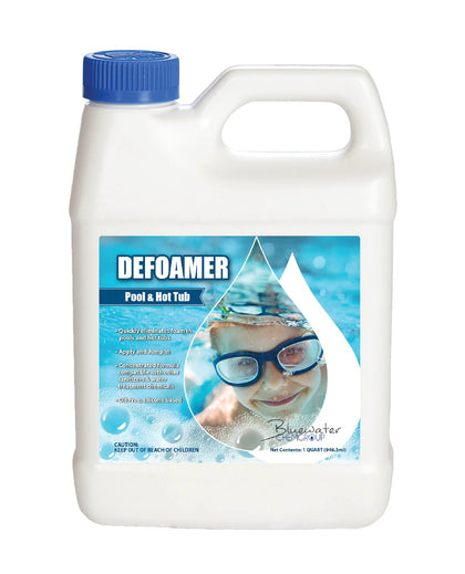 Bluewater Pool Defoamer bottle for rapid foam control in pools.