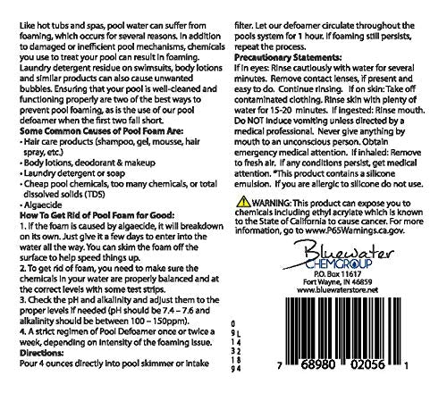 Bluewater Pool Defoamer packaging and label clarity for reference.