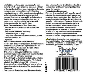 Bluewater Pool Defoamer packaging and label clarity for reference.