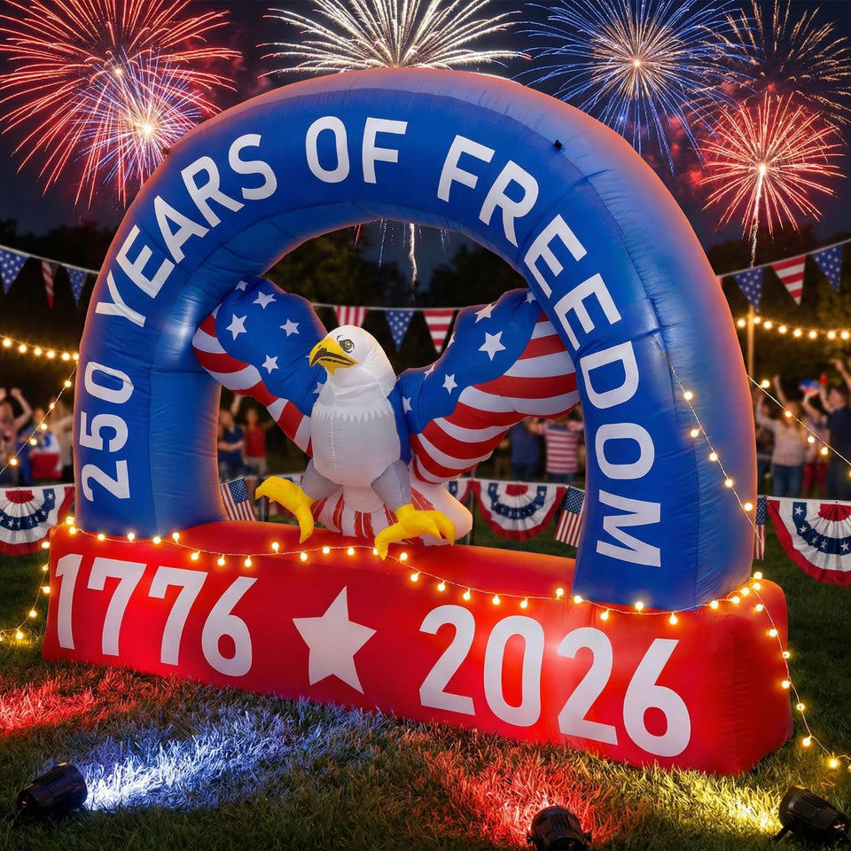 Blueweenly 250th eagle inflatable with LED lights for nighttime visibility.