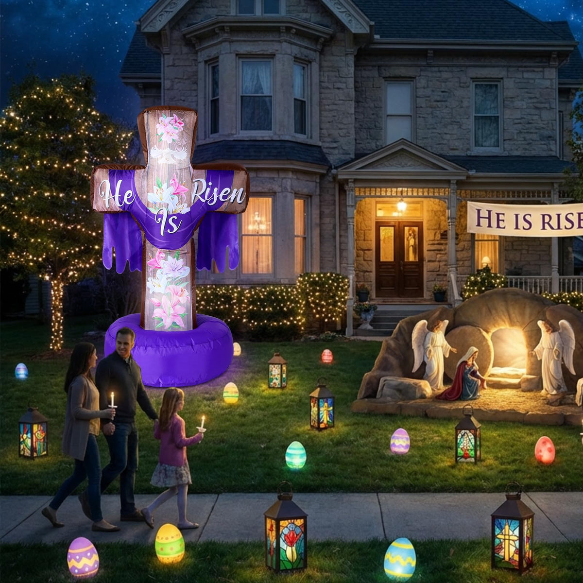 Blueweenly Easter cross inflatable height and multicolor design draw attention from afar.