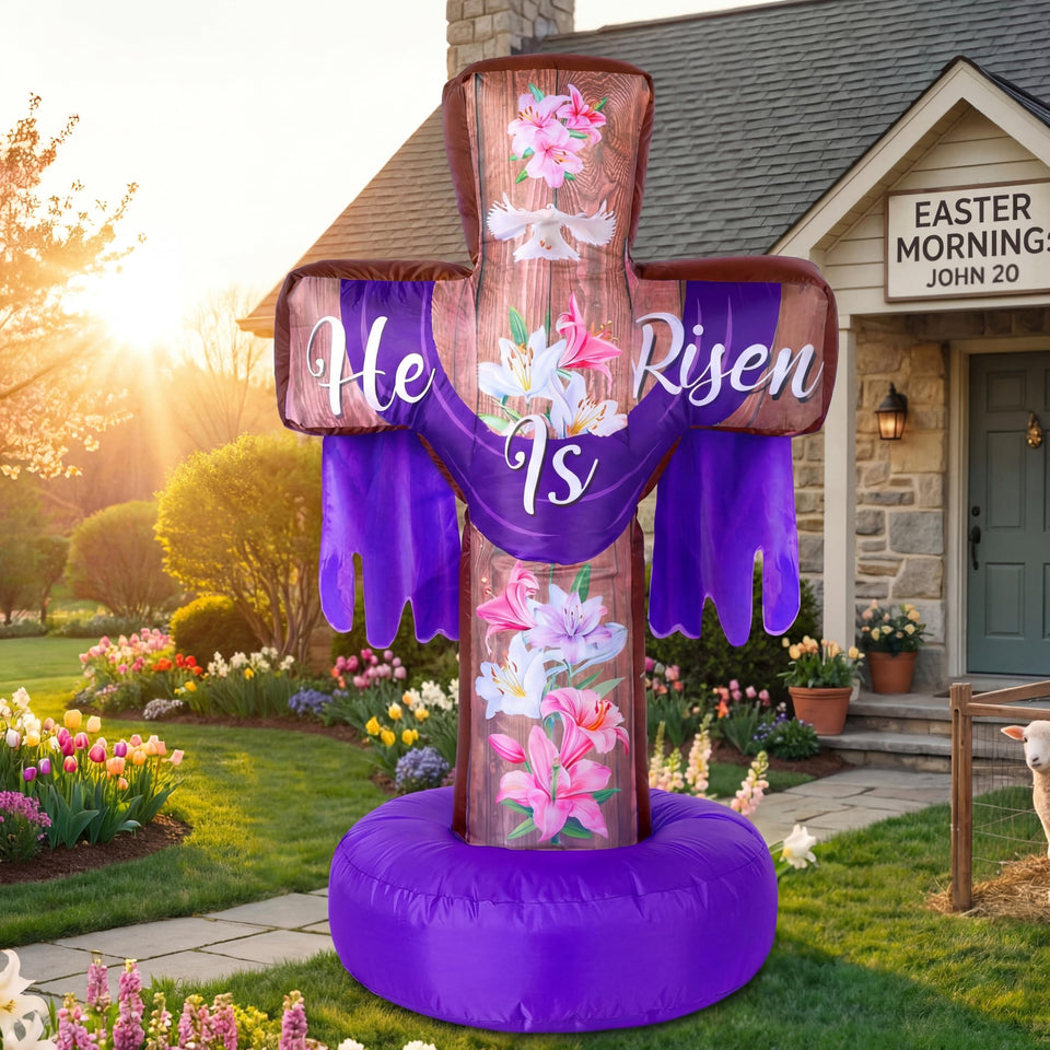 Blueweenly He Is Risen cross inflatable, six feet tall, ideal for a visible outdoor Easter display.