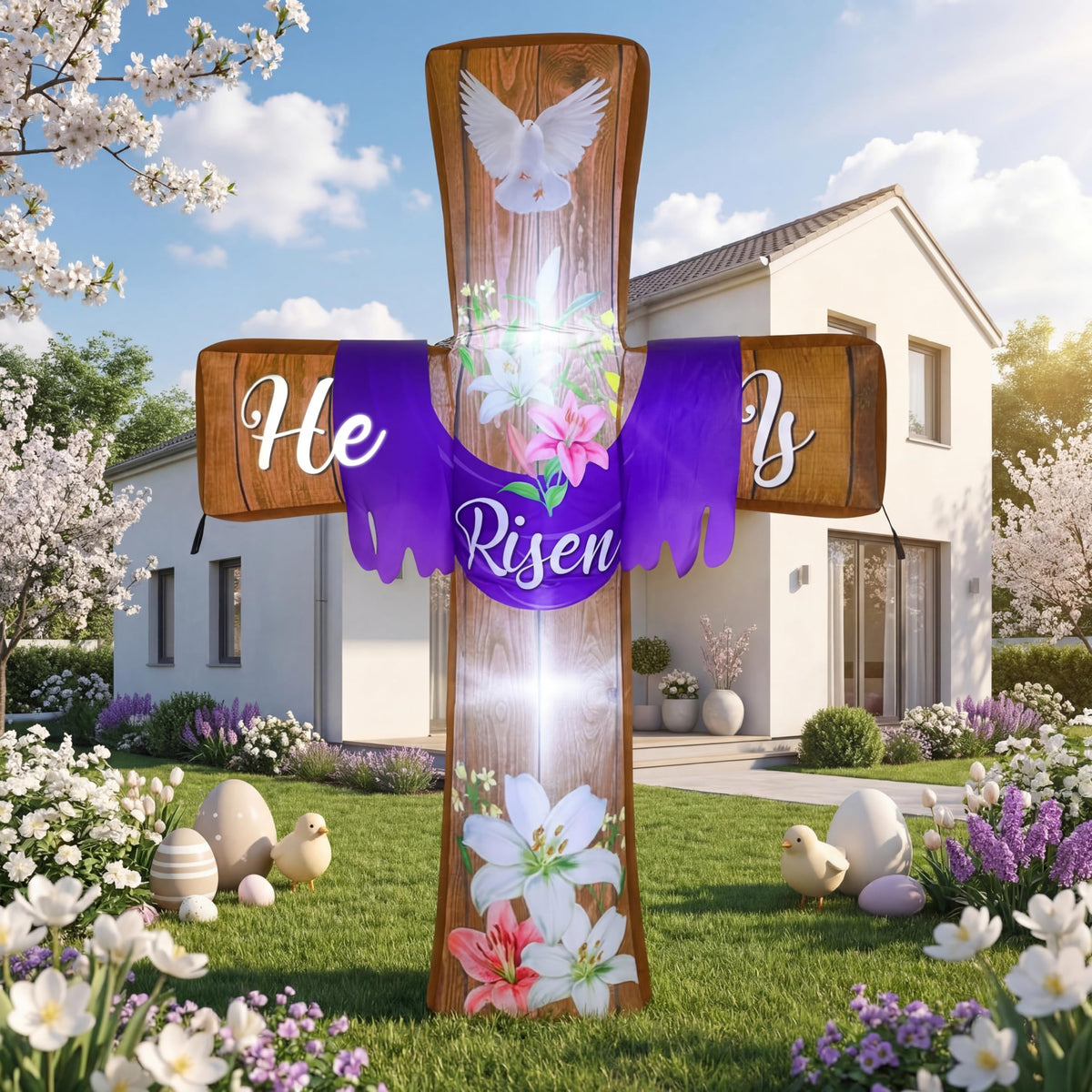 Blueweenly inflatable cross for garden events and family gatherings.