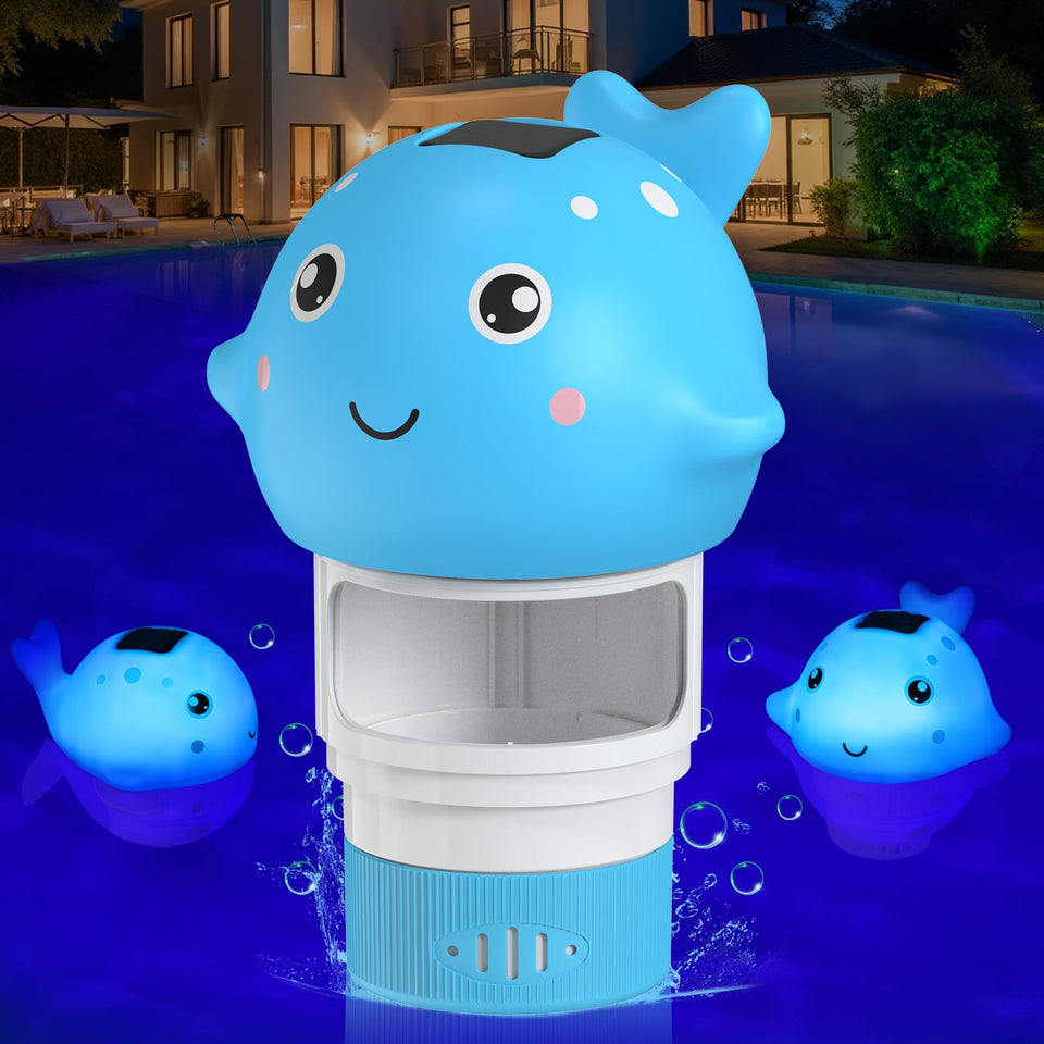 Blufree Whale glow-in-dark floater lights pool at night for safer evening swimming
