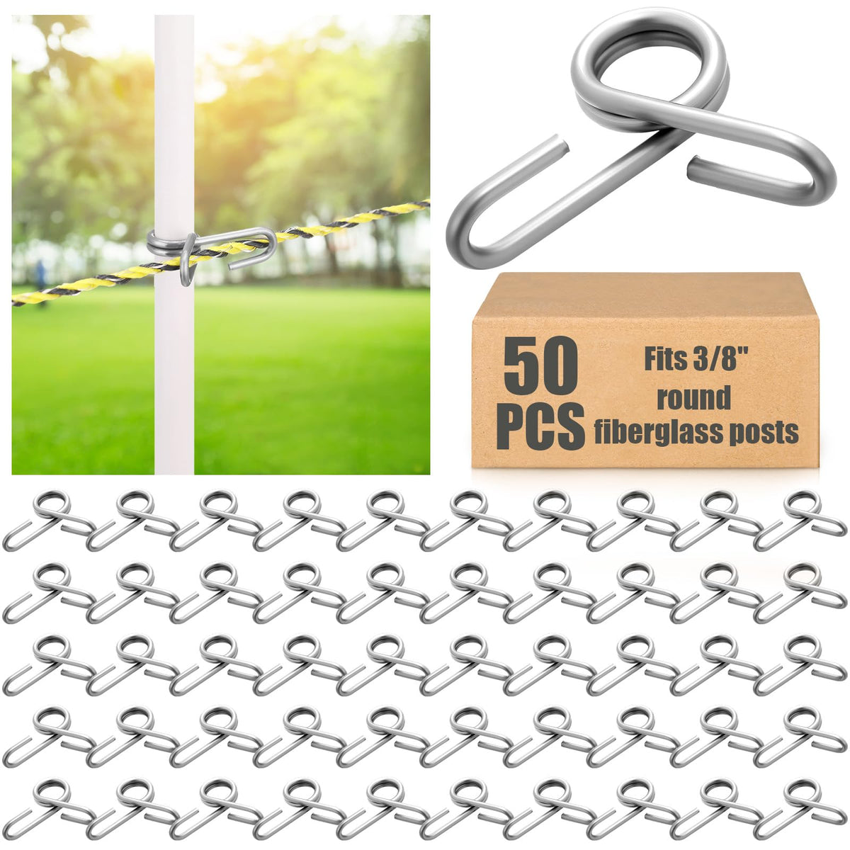 Blulu 50-pack fiberglass fence post clips for 3/8-inch rods, durable and weather-ready.