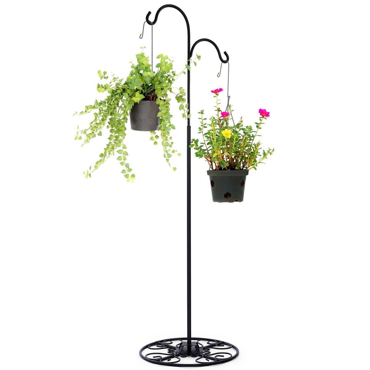 Blulu adjustable shepherd hook with base extending 34–55 inches for flexible garden displays.