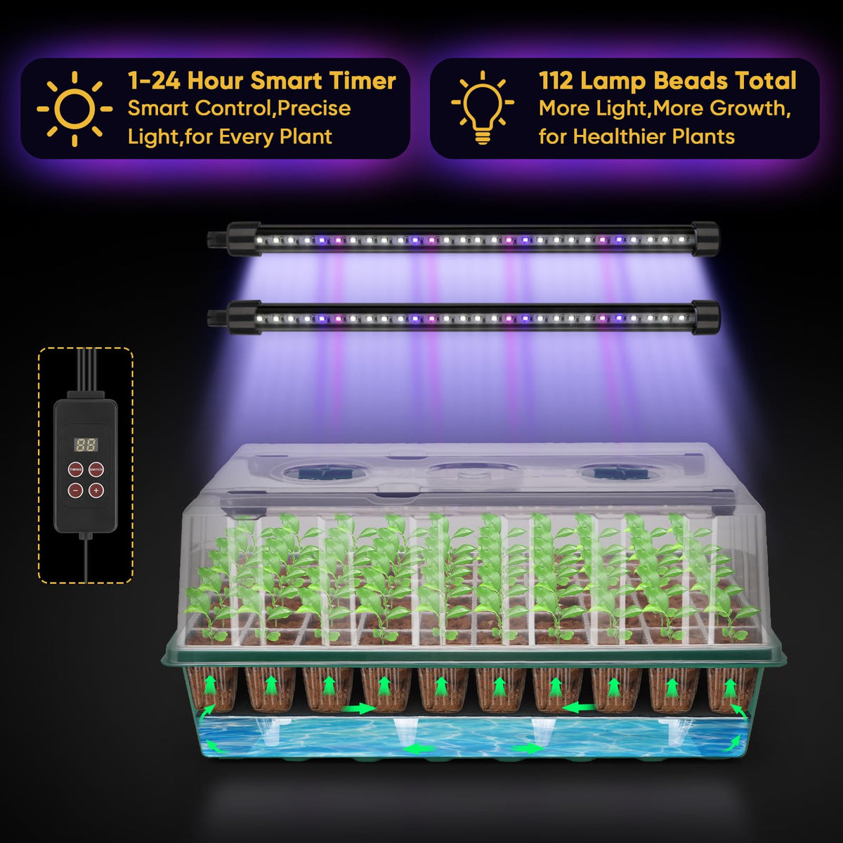 BlumWay grow light strip installed over the tray for even lighting on seedlings