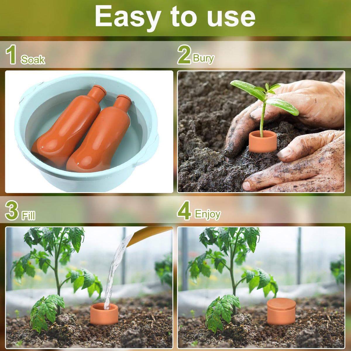 Blushtier terra cotta watering pot reduces evaporation and waste.