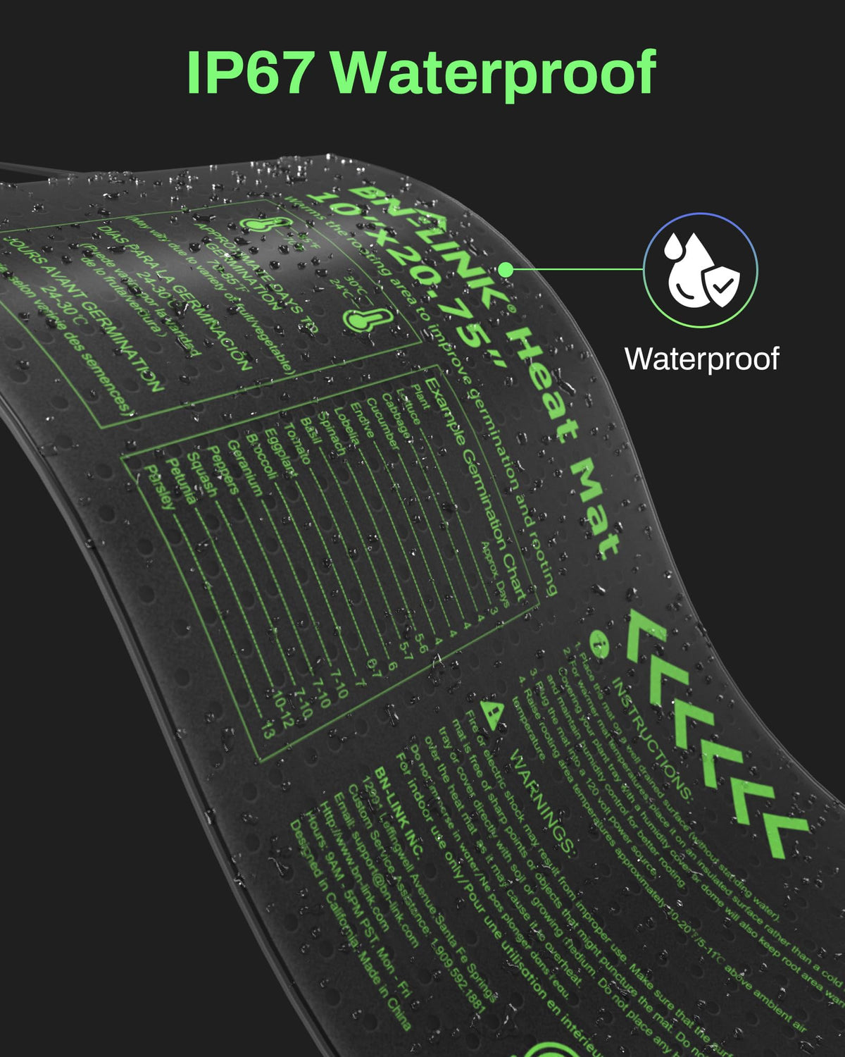 BN-LINK Seedling Heat Mat IP67 waterproof design resists splashes for easy cleaning.