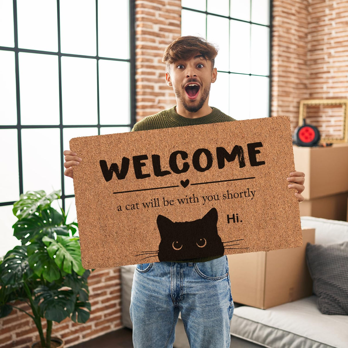 Bnwepo Black Cat Welcome Mat in an indoor entryway with a soft surface.